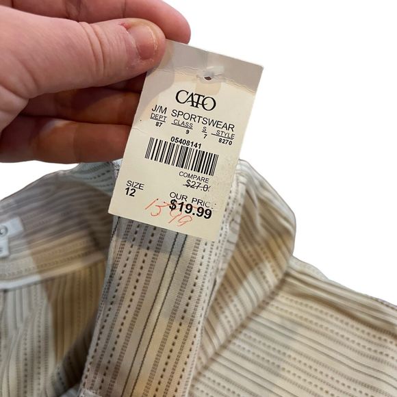 CATO Women 12 Ivory Brown Striped Capri Pants Button Casual Office Business - Picture 10 of 11